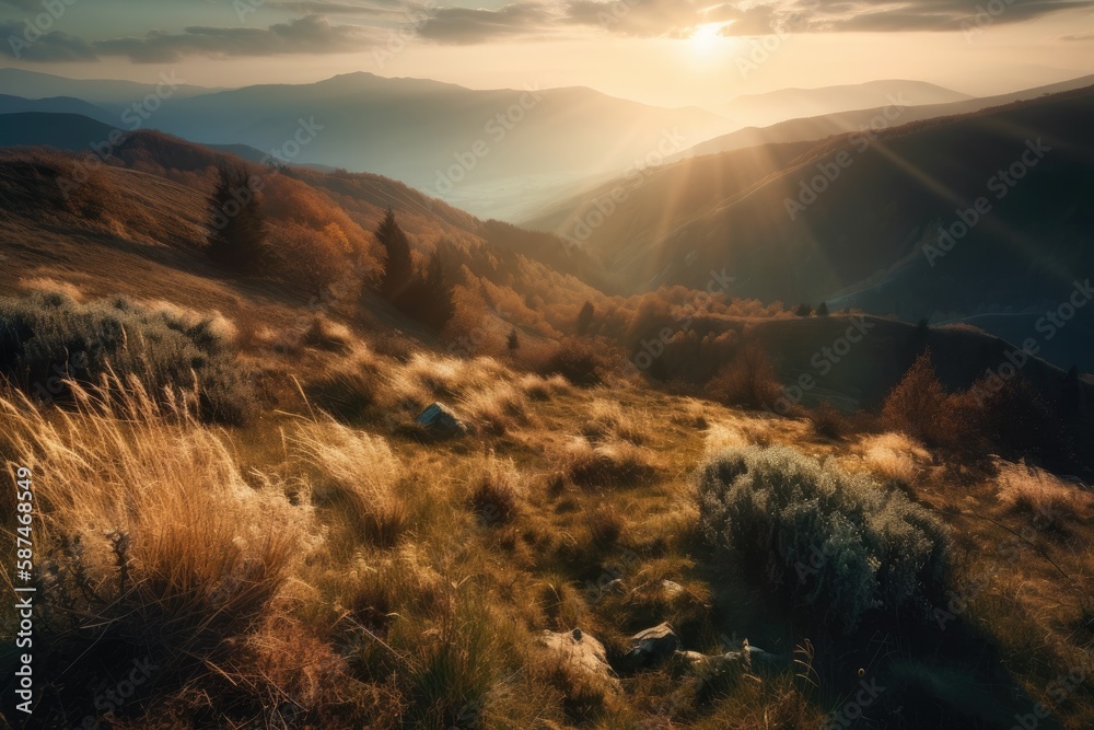 sunrays breaking through clouds over a mountainous landscape. Generative AI