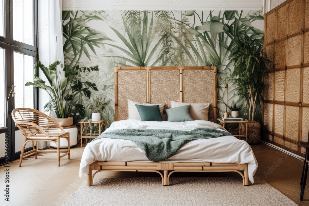 A bedroom with a bamboo and wicker headboard, blue and white couches, a wooden nightstand, and wallp