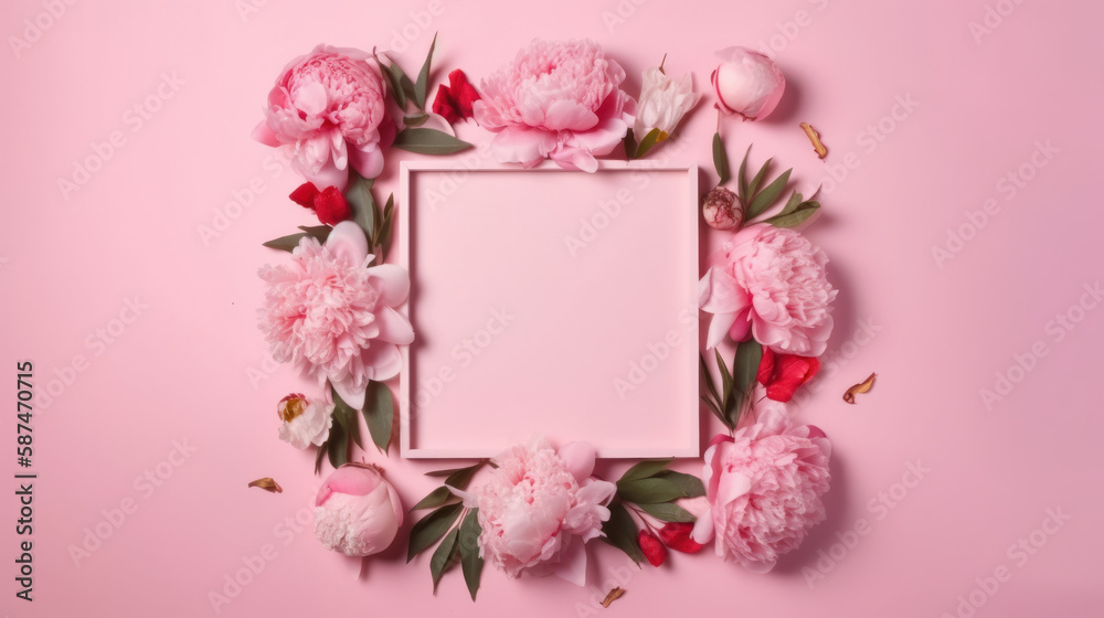 Pink frame with peony flower. Illustration AI Generative