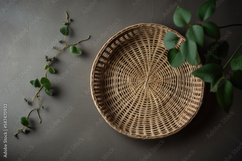 solitary rattan plate. Flatlay. Modern boho scandinavian and bohemian eco design interior details. G