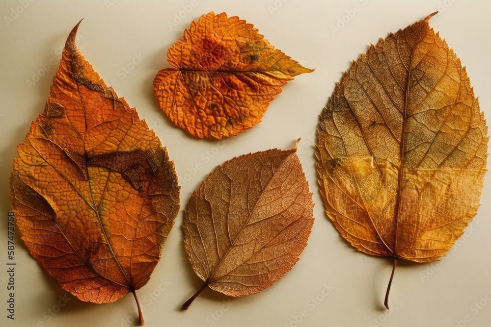 three distinct leaves on a white background. Generative AI