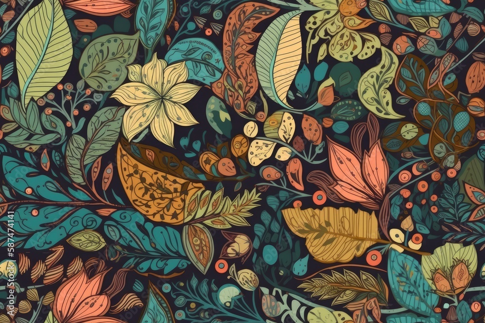 vibrant and colorful floral pattern with intricate leaves and blossoming flowers. Generative AI