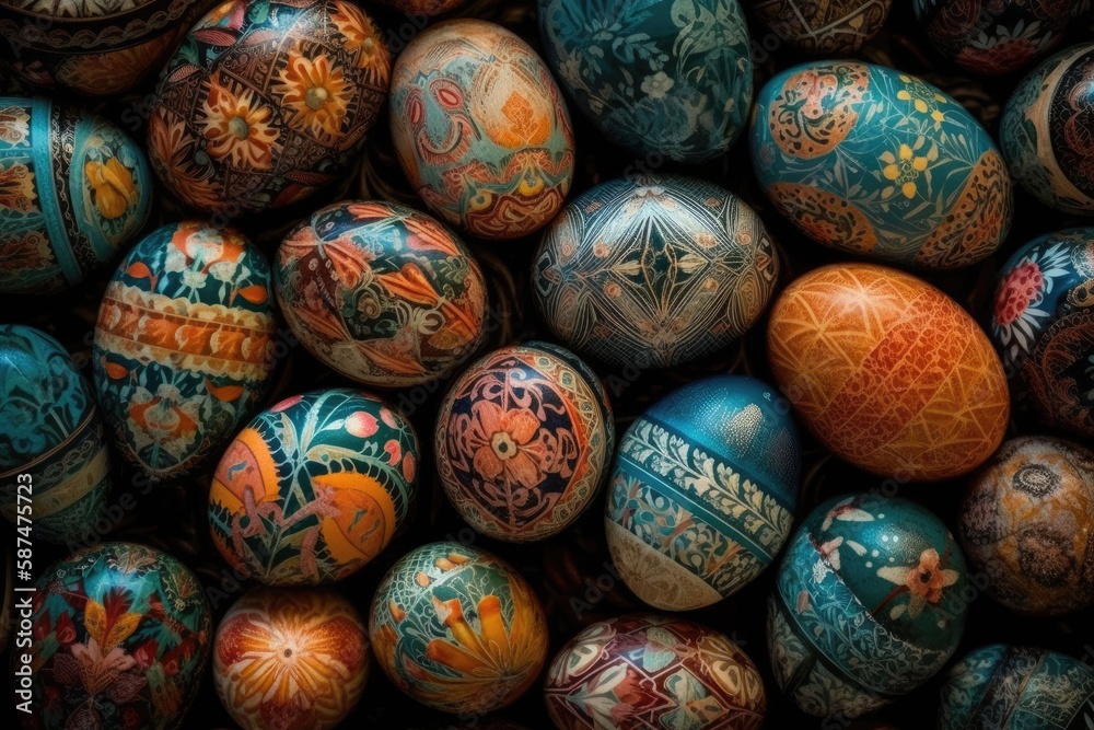 stack of brightly colored painted eggs. Generative AI