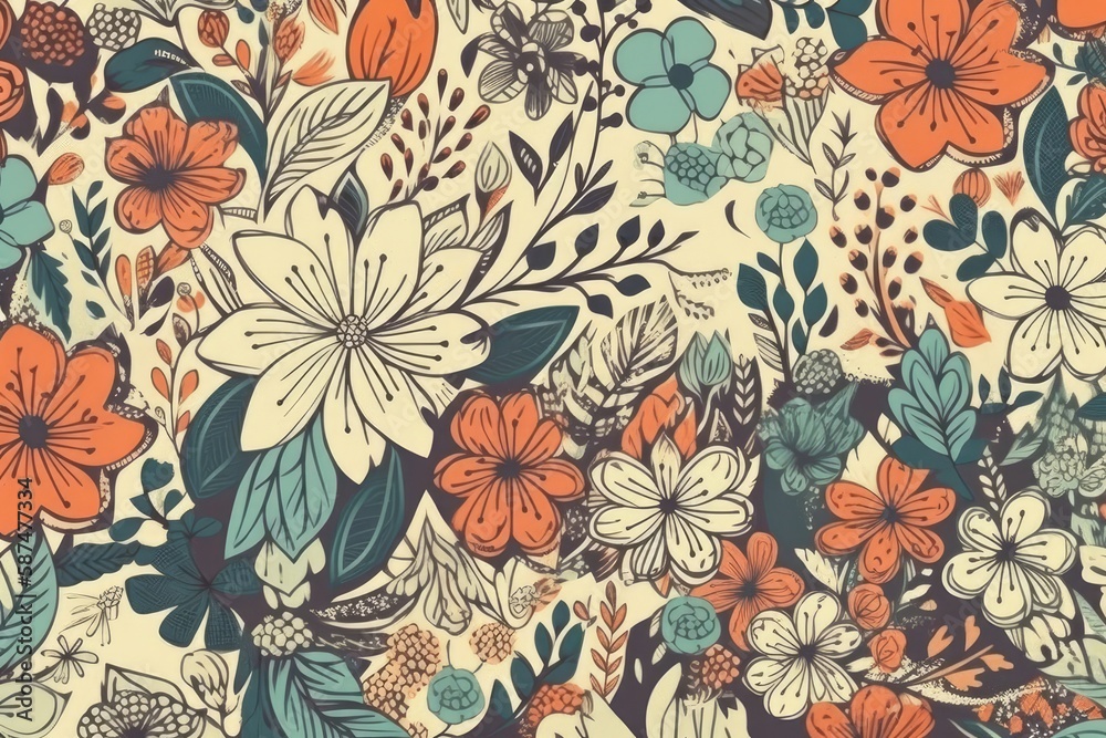 colorful floral pattern with orange, blue, and green flowers. Generative AI