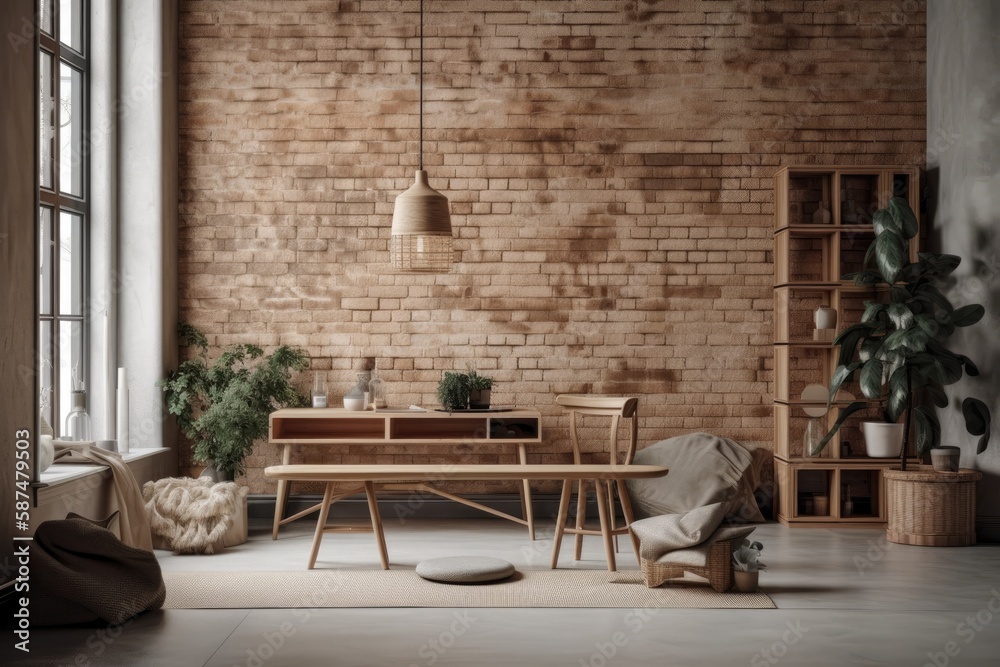 Mock up brick wall in Scandinavian interior backdrop, beige room with natural wooden furniture, Boho