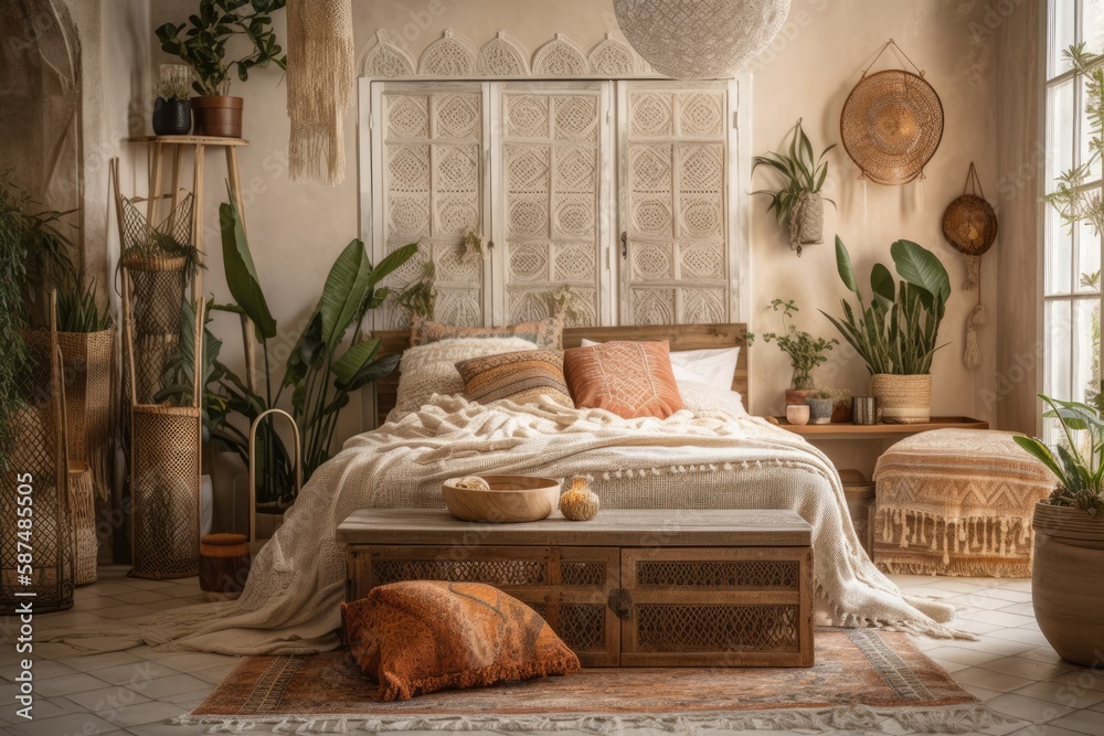 Lovely boho bedroom with pillows, cushions, green plants in flower pots, bed, and home décor on nigh