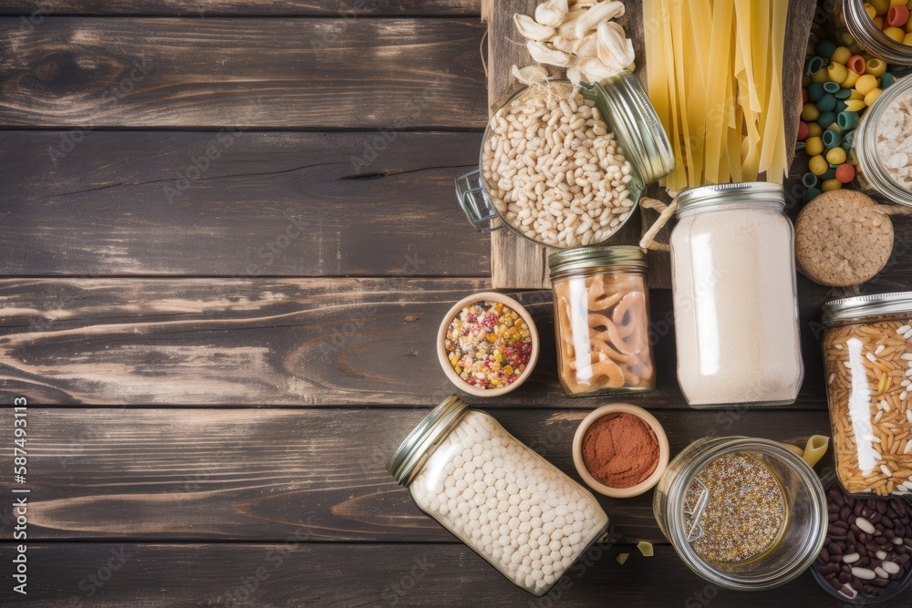 Food donations on wooden background, top view with copy space. Generative AI