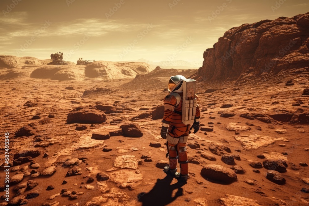 Back view of an astronaut exploring the surface of a red planet while wearing a space suit. In the d