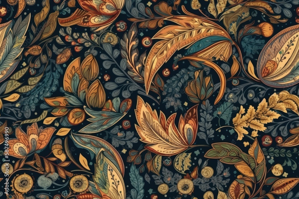 leaves and flowers on a blue background. Generative AI