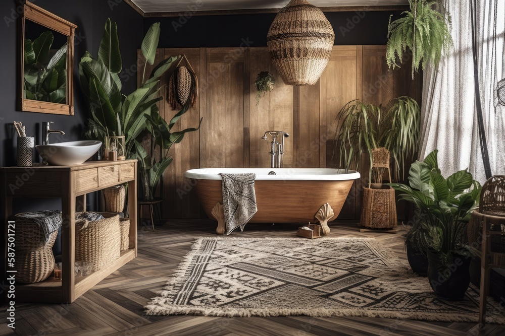 White and dark bohemian wooden bathroom and bedroom. Bathtub, bed, towel rack, potted plants. Tropic