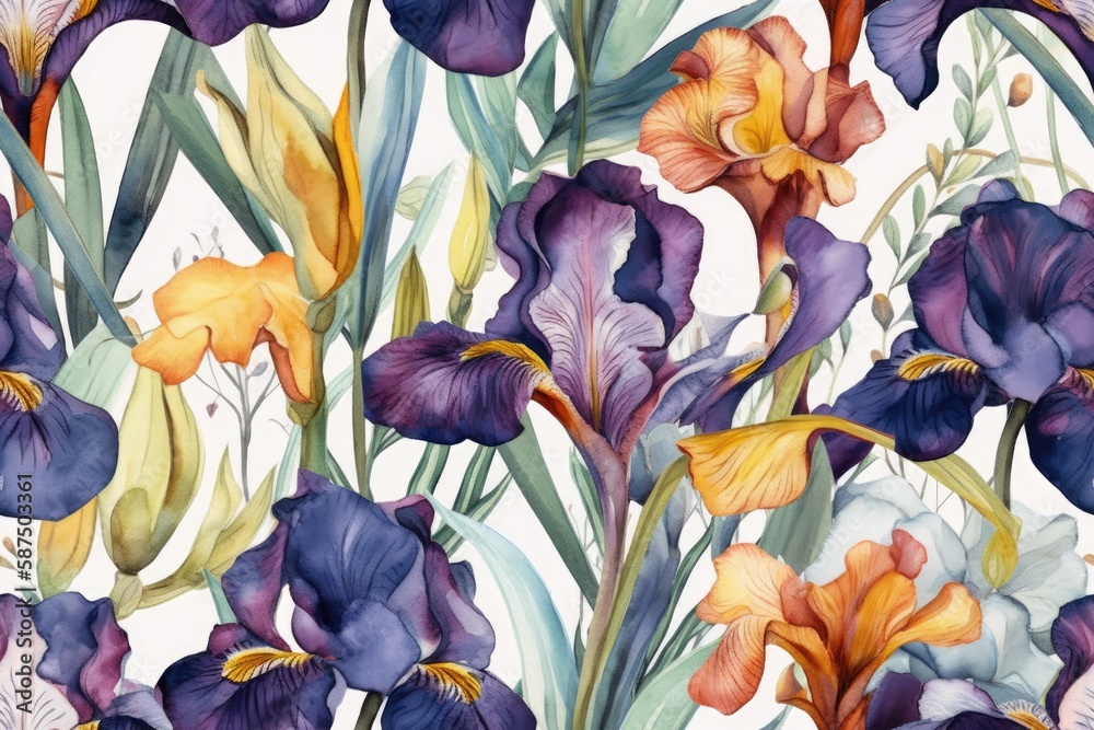 purple and yellow flowers on a white background. Generative AI