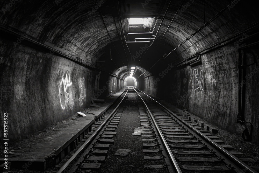 monochrome railway track stretching into the distance. Generative AI