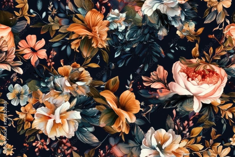 orange and white floral wallpaper pattern. Generative AI