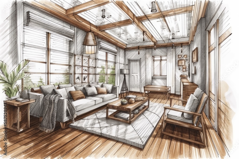 Architect interior designer concept hand drawn draft unfinished project becomes bohemian wooden livi