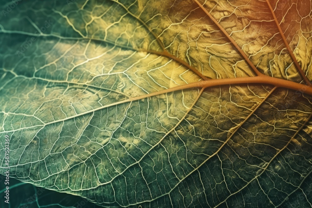 macro view of a green and yellow leaf. Generative AI