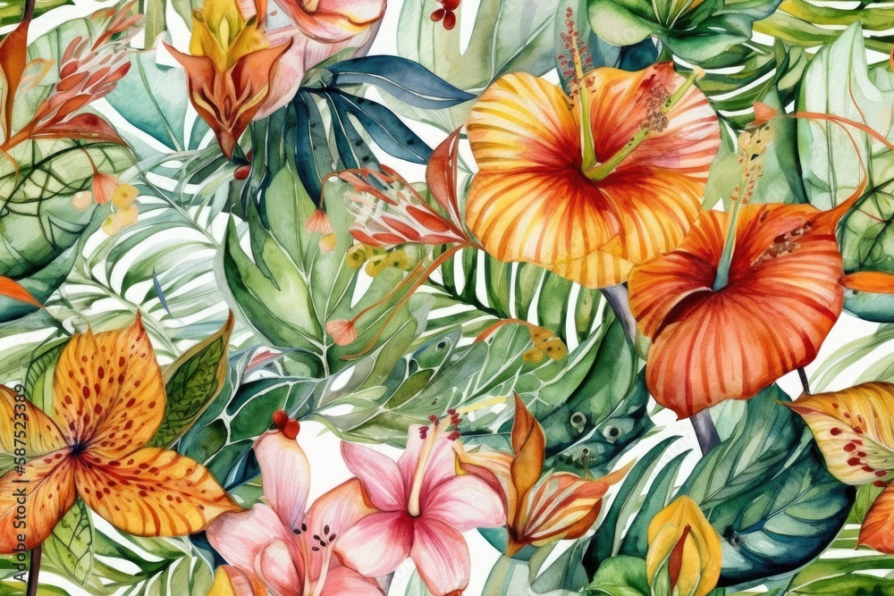 tropical flowers and leaves painted in watercolor. Generative AI