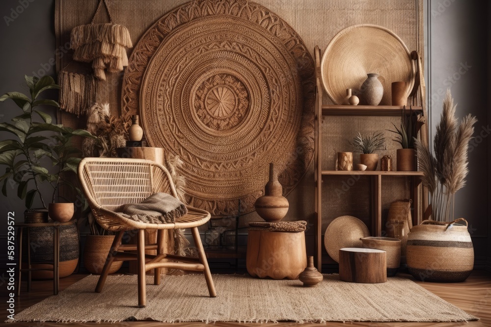 Boho house interior backdrop mockup wall,. Generative AI