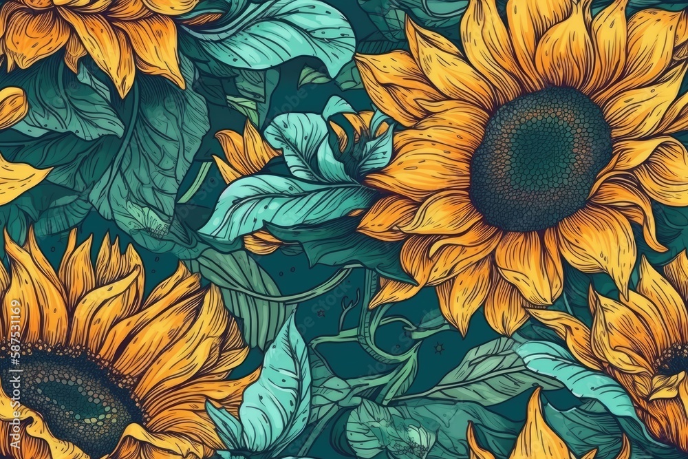 vibrant bunch of yellow sunflowers against a lush green background. Generative AI