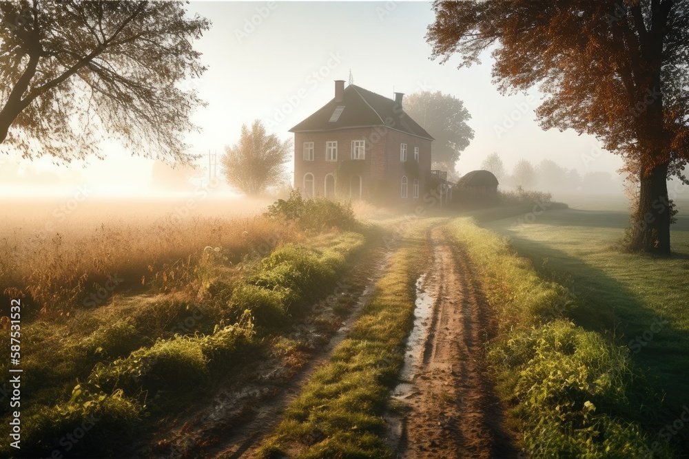 Modern brick country house (cottage) and green plowed agricultural field in a morning fog. Autumn ru