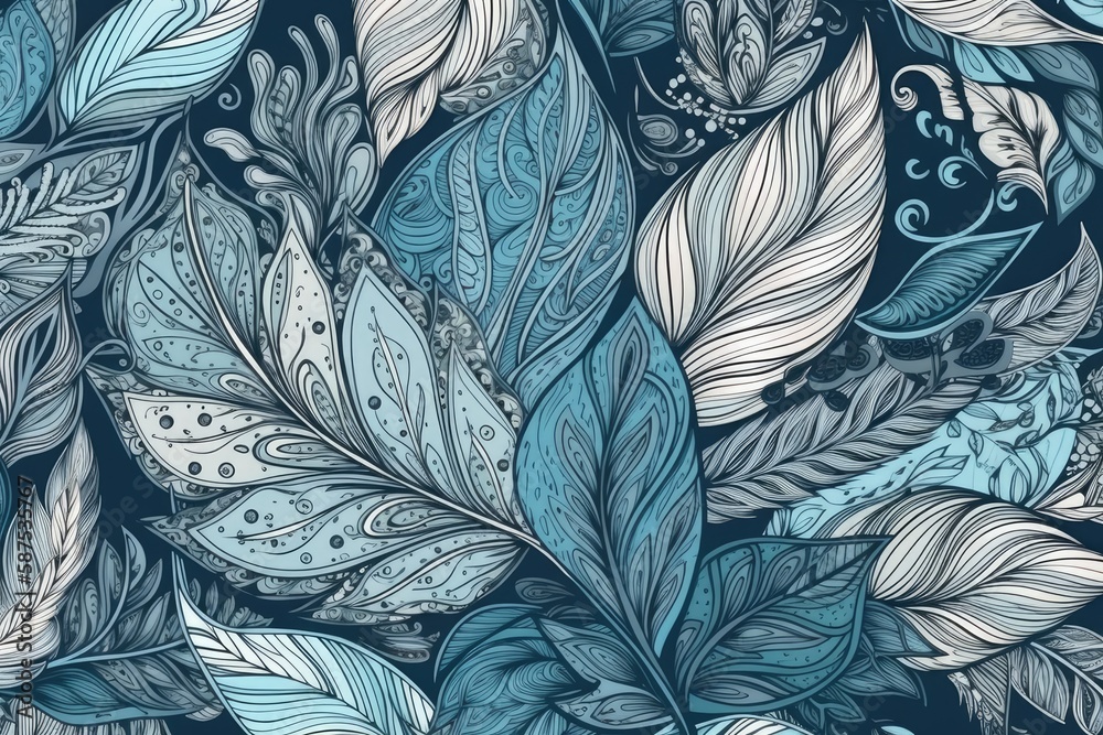 repeating pattern of blue and white leaves on a light background. Generative AI