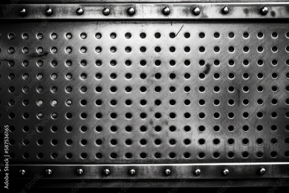 metal grate with a pattern of rivets and holes. Generative AI