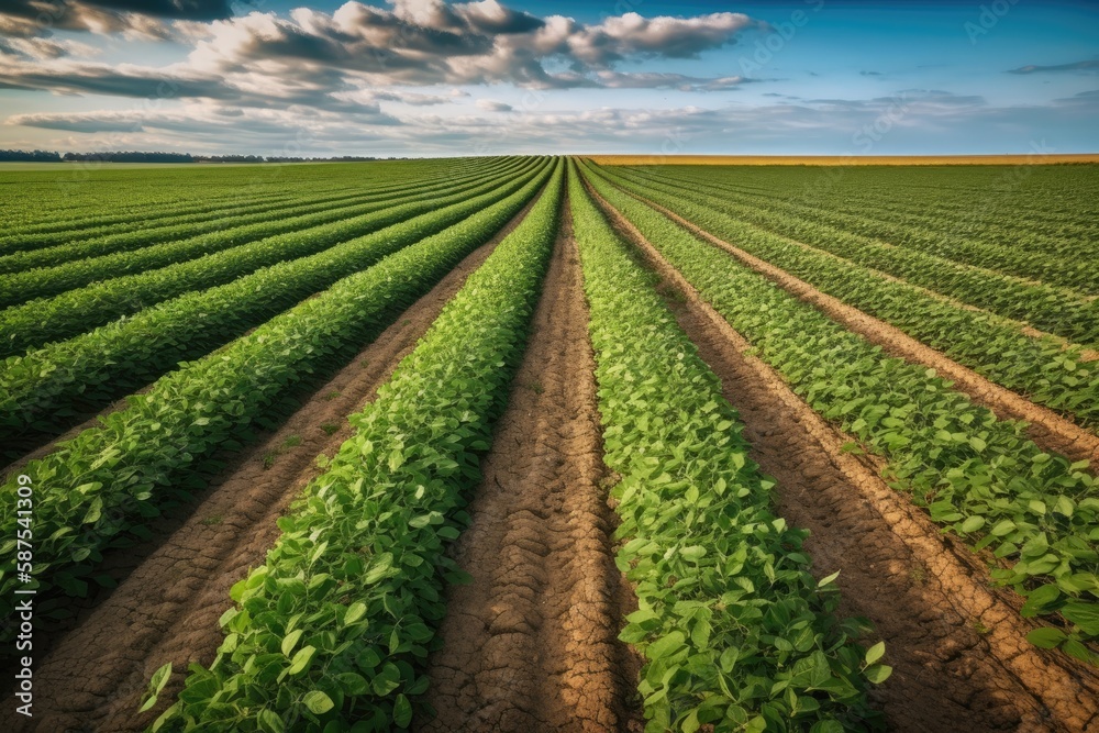 Rows of soy plants in a cultivated farmers field. Generative AI