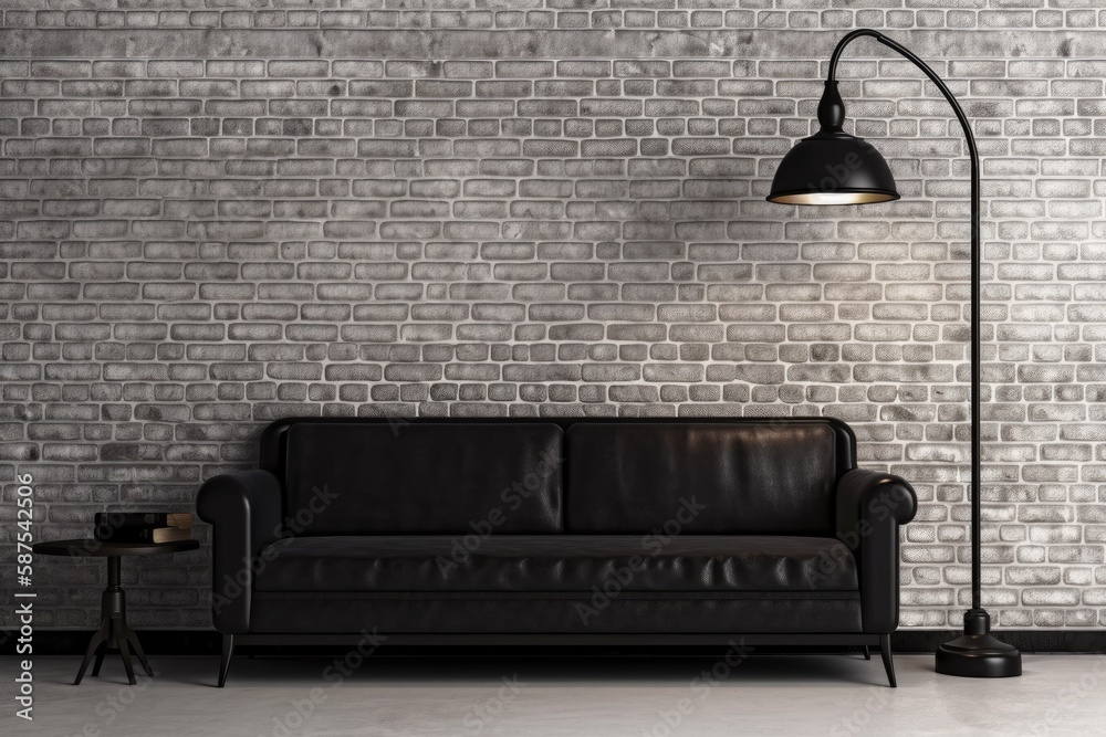 Close up of a white brick wall and a black retro style sofa for interior design. Generative AI