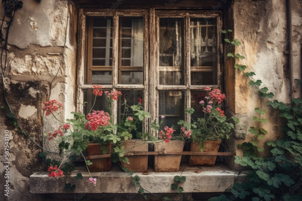 colorful array of potted flowers displayed on a windowsill. Generative AI