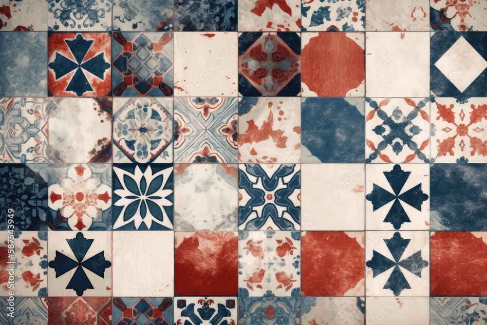 patchwork design featuring red, white, and blue colors. Generative AI