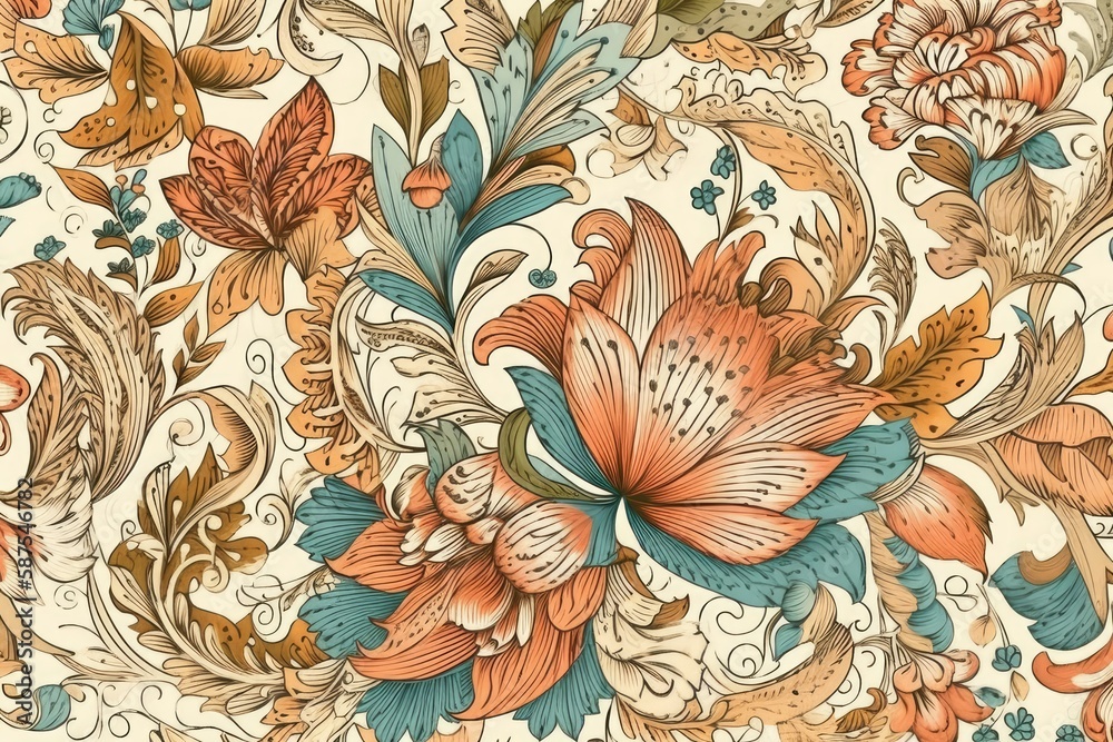 colorful floral wallpaper with various flowers and leaves. Generative AI