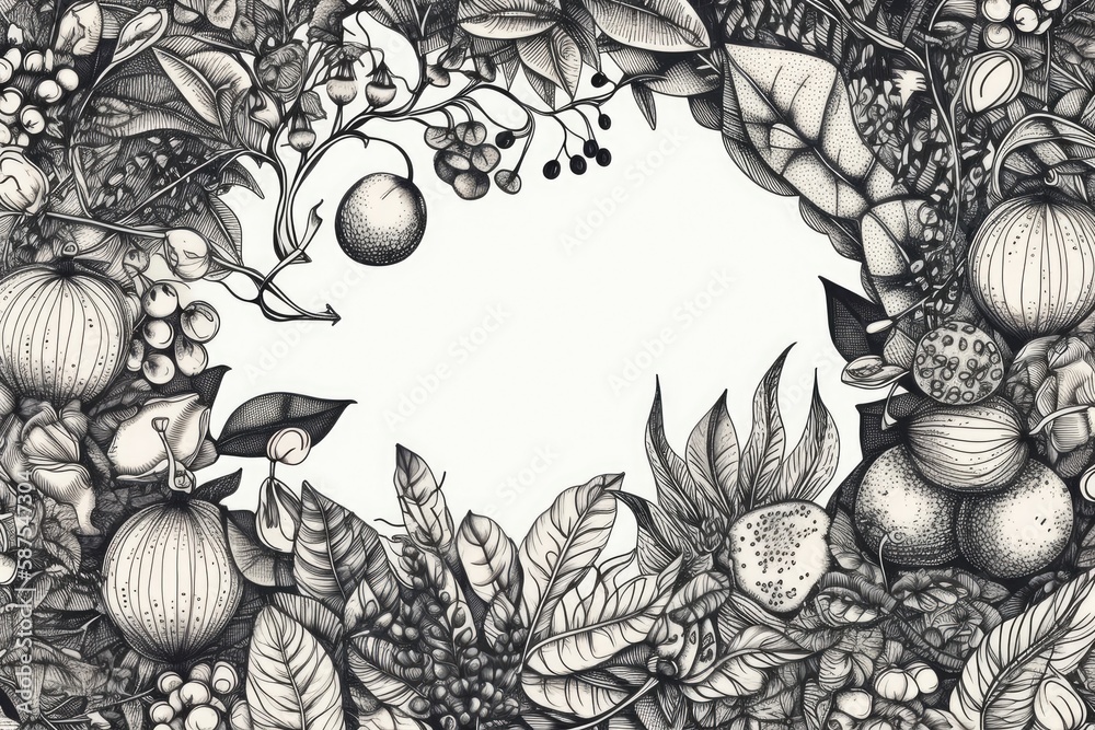 fruit and leaves in a black and white drawing. Generative AI