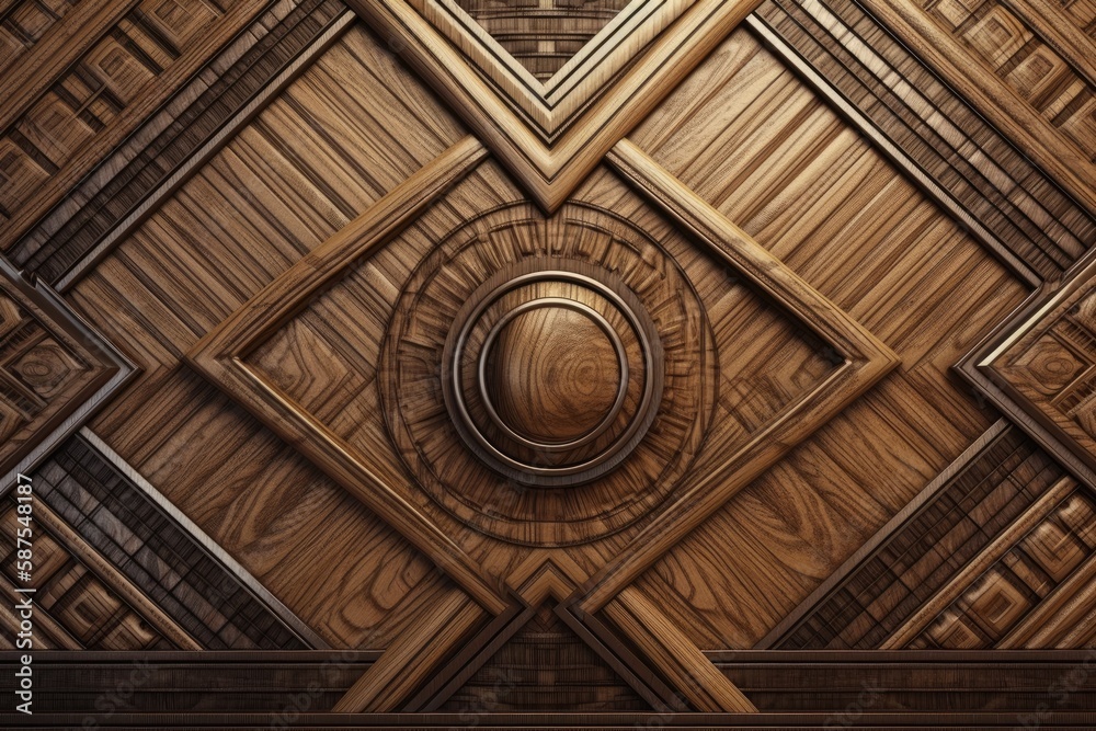 detailed view of a wooden door with a circular pattern. Generative AI