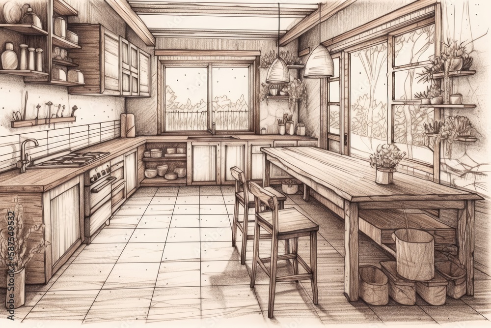 Hand drawn sketch unfinished project becomes actual, bohemian kitchen and dining area with wooden el