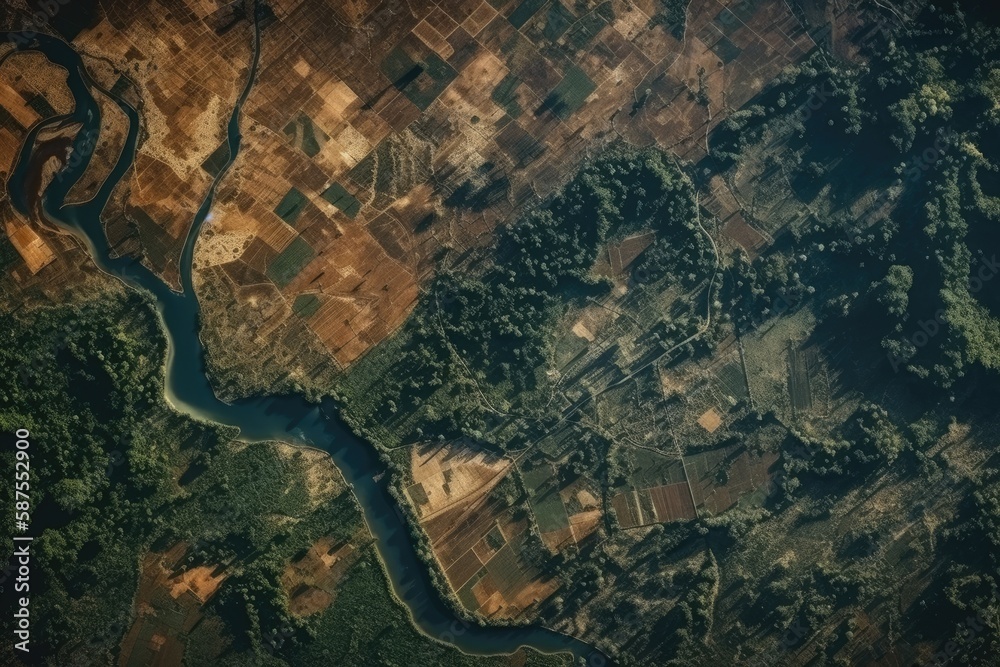 meandering river flowing through a scenic countryside landscape. Generative AI