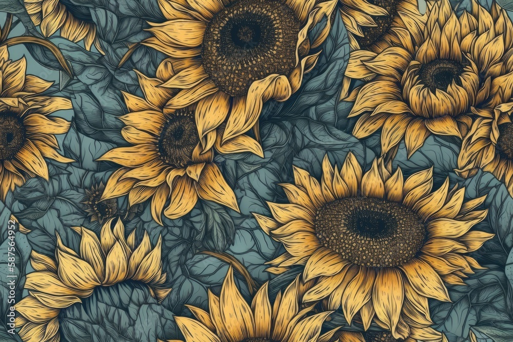 Yellow Sunflowers Against a Blue Backgroun. Generative AI