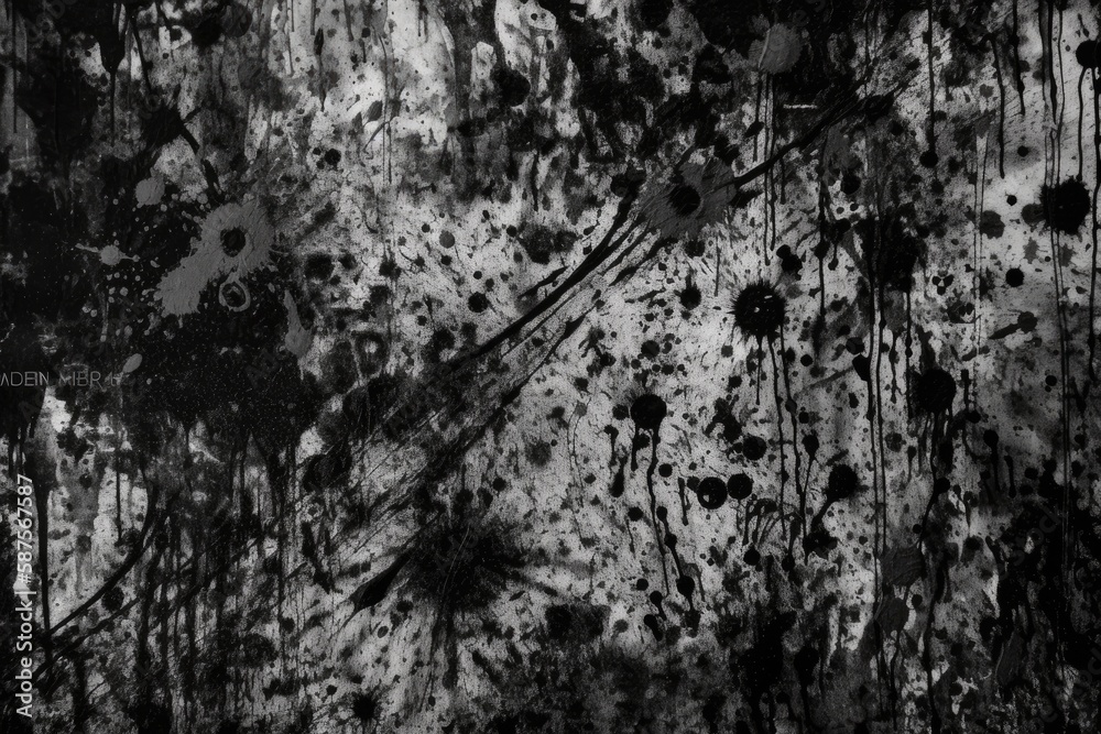 monochromatic abstract art piece created with paint splatters on a wall. Generative AI