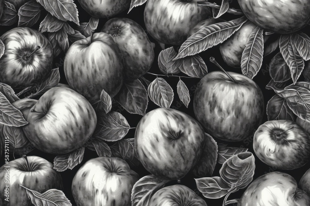 black and white apples with leaves. Generative AI