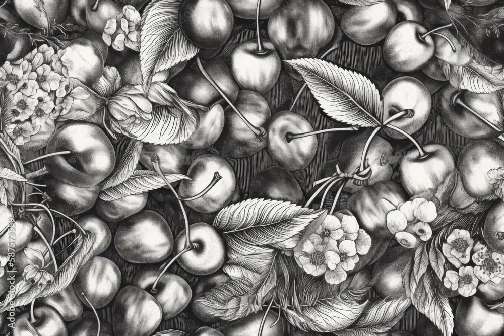 cherries and leaves in black and white. Generative AI