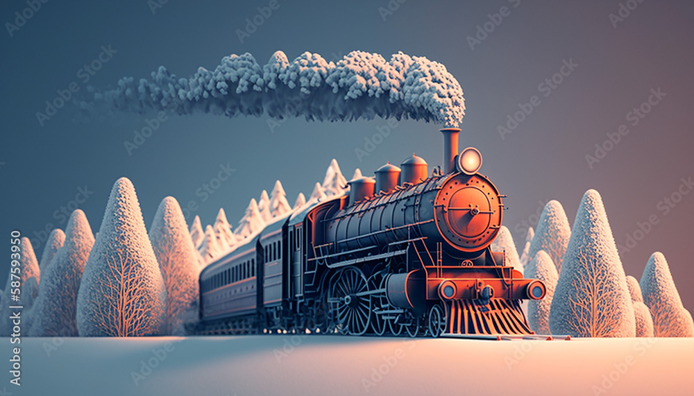 minimalist background with steam train in the winter. Generative AI