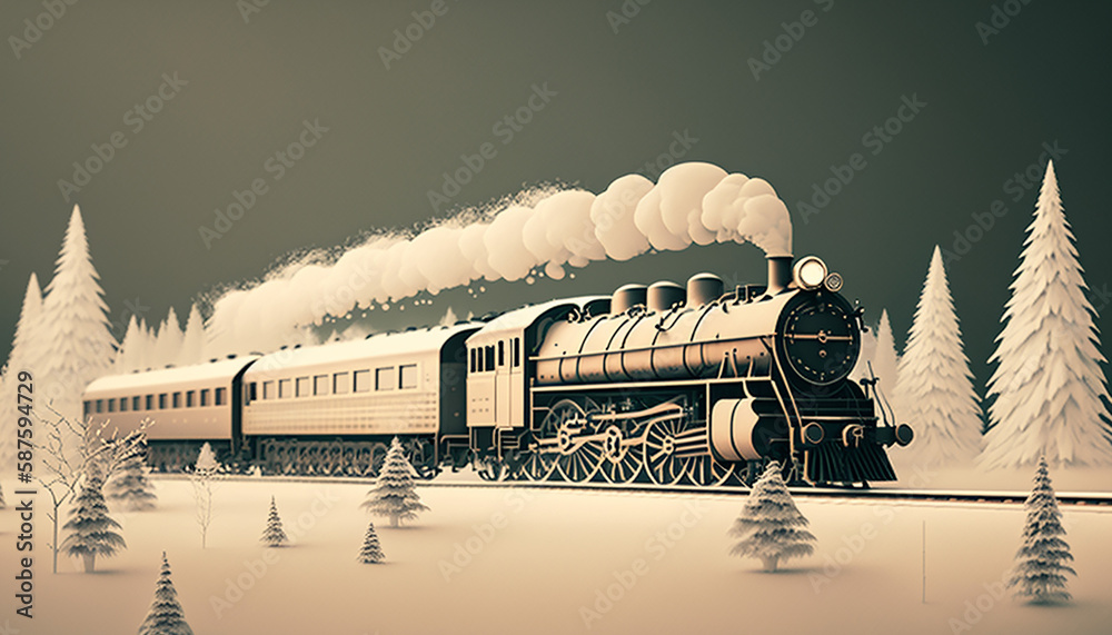 minimalist background with steam train in the winter. Generative AI