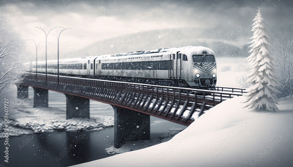 modern background with train on the bridge in the winter. Generative AI