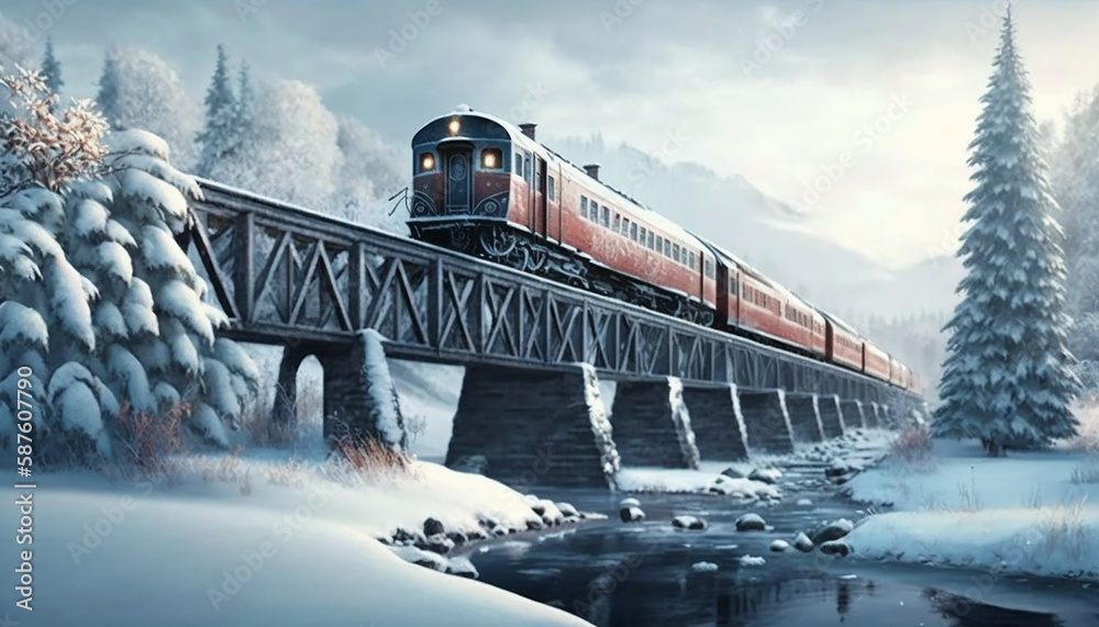 modern background with train on the bridge in the winter. Generative AI