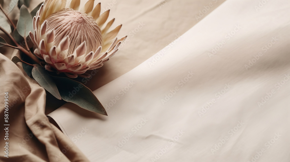 Dried protea flower with blank paper card. Luxury Background. Illustration AI Generative.