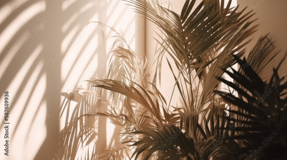 Palm leaves background with shadow. Illustration AI Generative.