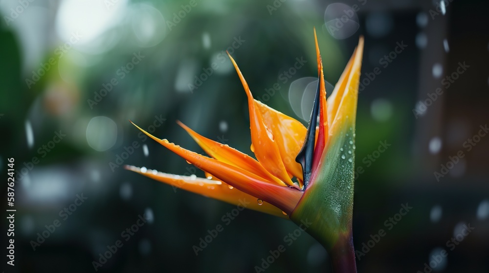 Closeup of Strelitzia reginae tropical plant leaves with rain drops. Green natural backdrop. Generat