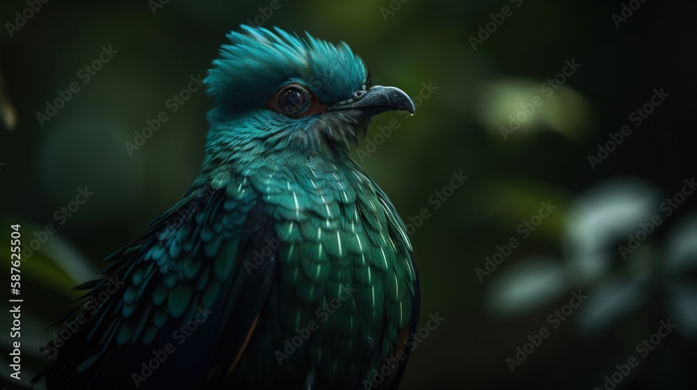 Female Quetzal bird with forest background. Generative AI