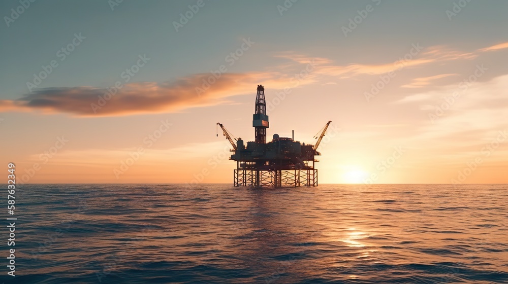 Sunset view with silhouette of an oil rig in the sea. Offshore oil drilling. Generative AI