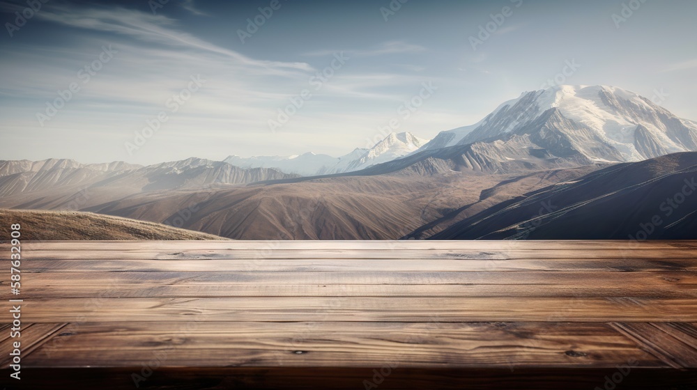 Wood table mockup with high mountains on background. Empty copy space for product presentation. Gene