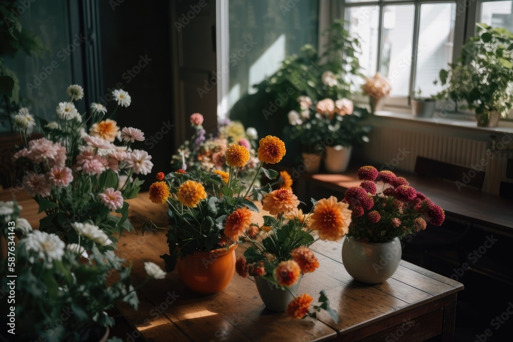 colorful bouquet of flowers arranged in a vase on a table. Generative AI