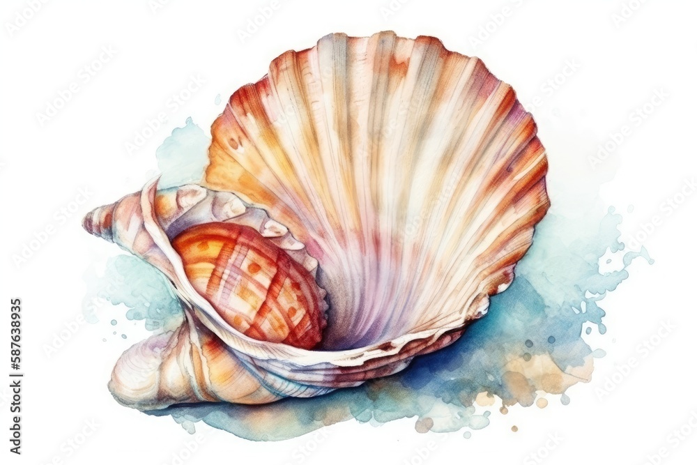 realistic watercolor painting of a seashell with intricate details. Generative AI